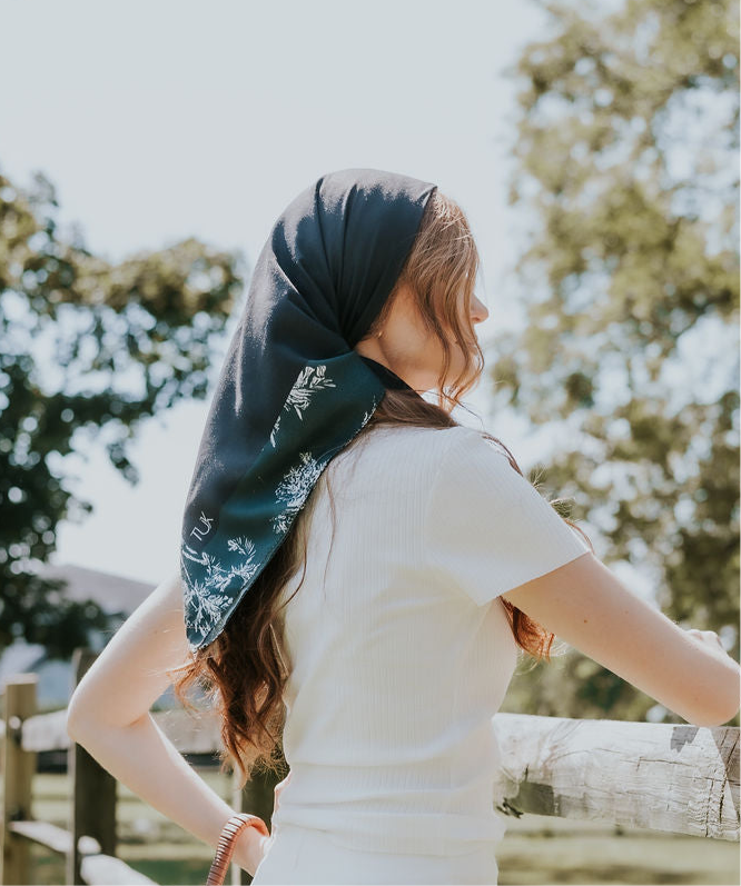 Black With Forest Green Toile Border Head Scarf