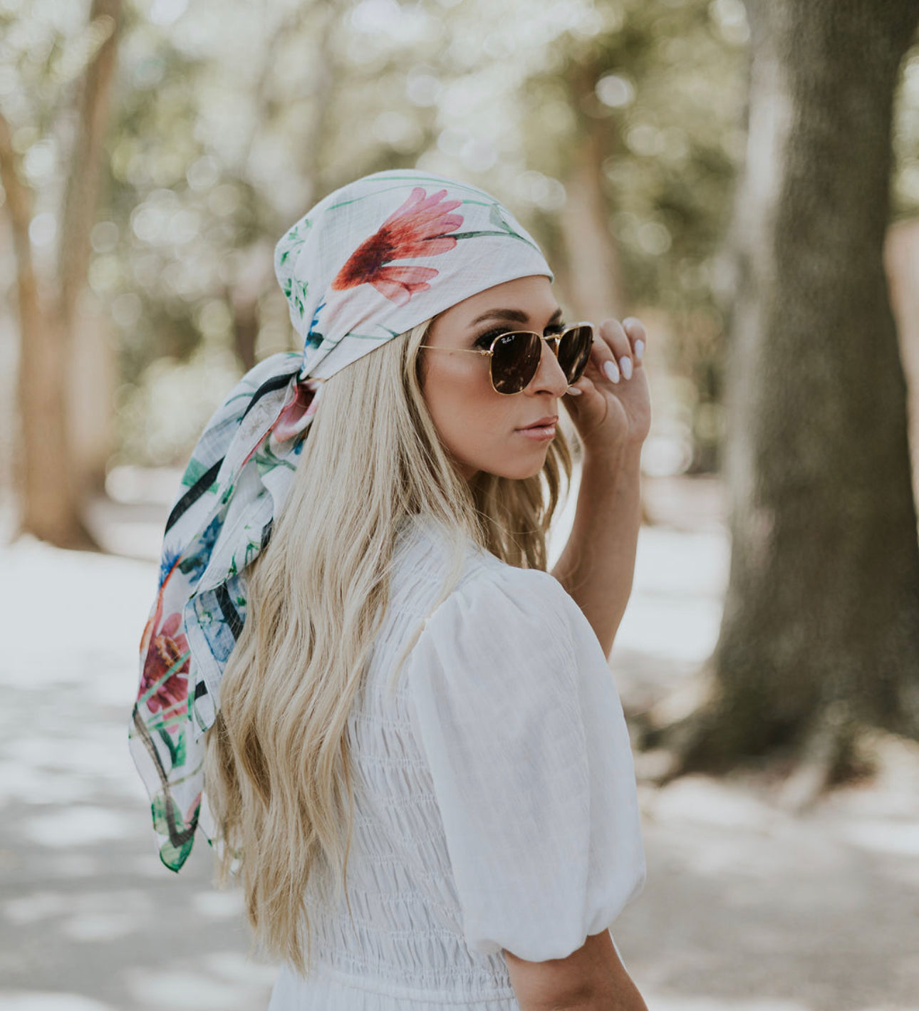 Model wearing head bandana