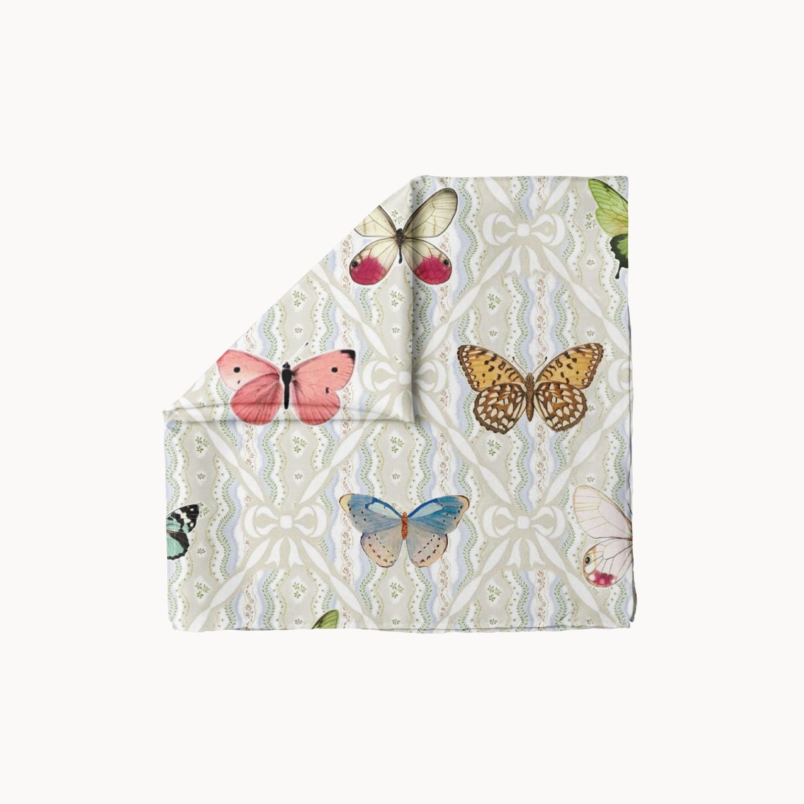 Celestial Wings headscarf with vintage butterfly illustrations on soft sage green patterned background, feminine spring accessory for elegant styling