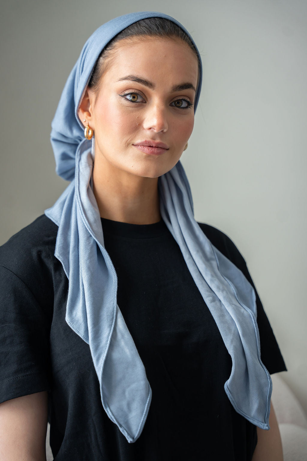 Make a subtle statement with the Sky Cloud Wash Denim Head Scarf. 