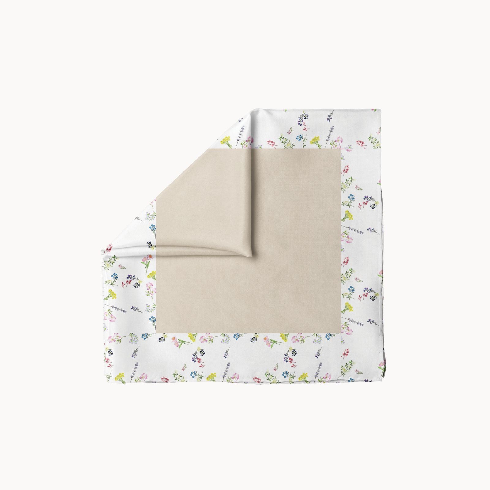 Framed in Florals Beige headscarf with light beige center and delicate floral border, versatile women’s accessory for spring and summer styling
