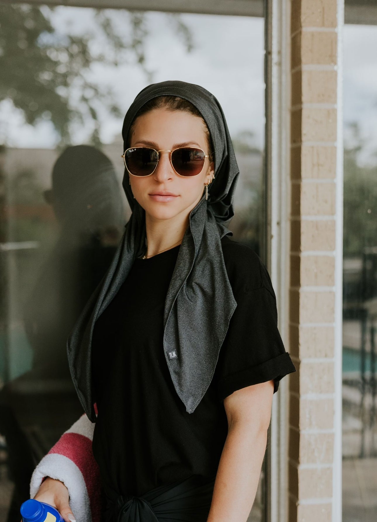 Black Jean Bathing Suit Headscarf (with velvet + silicone Grip band)