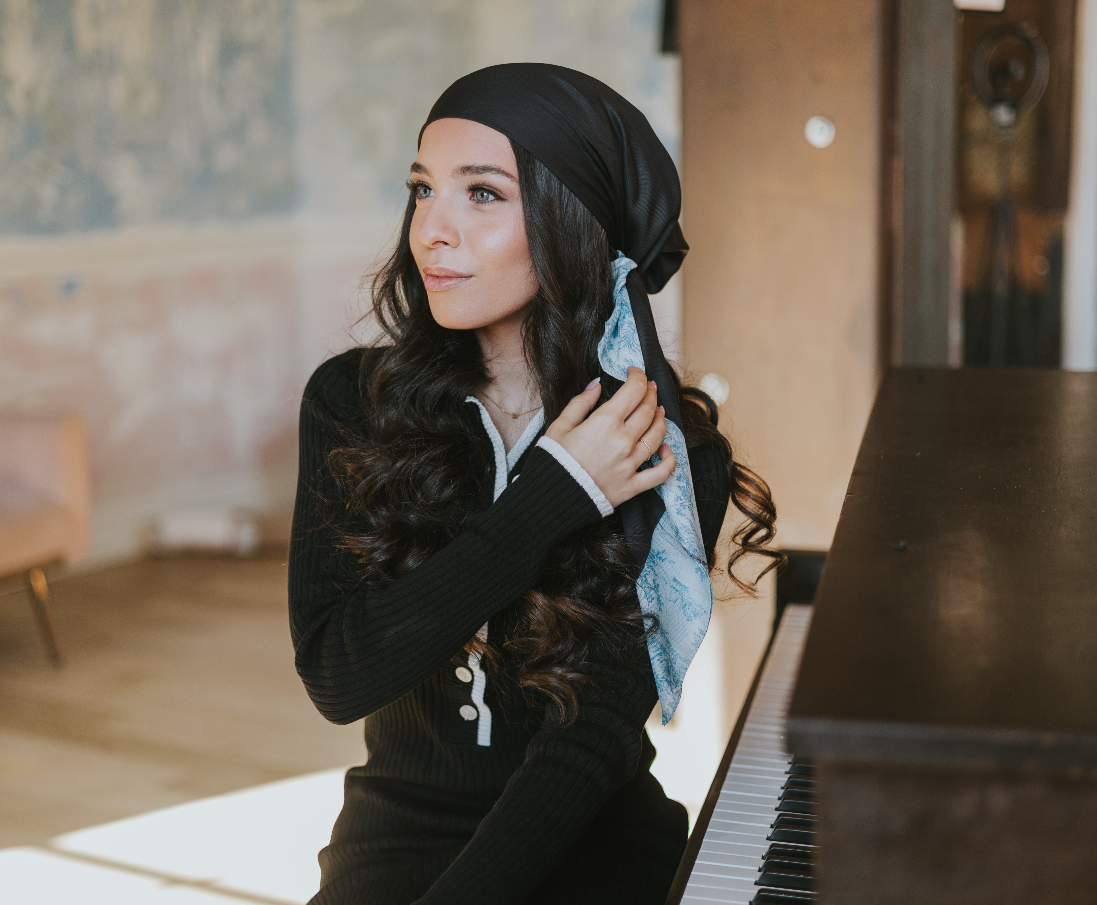 Model Wearing silk head scarf