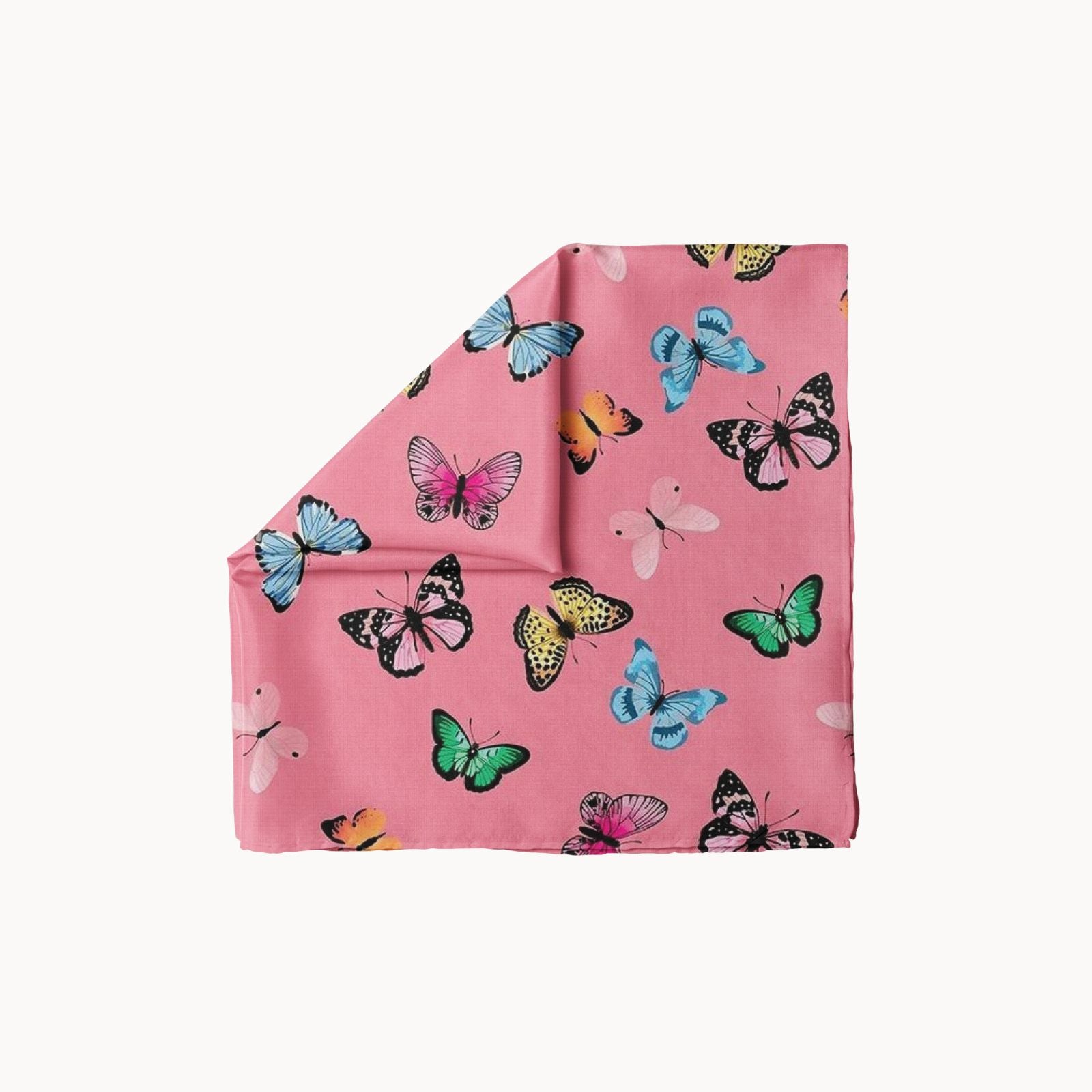 Papillon Glow pink headscarf with colorful butterfly print, lightweight spring and summer fashion accessory for women