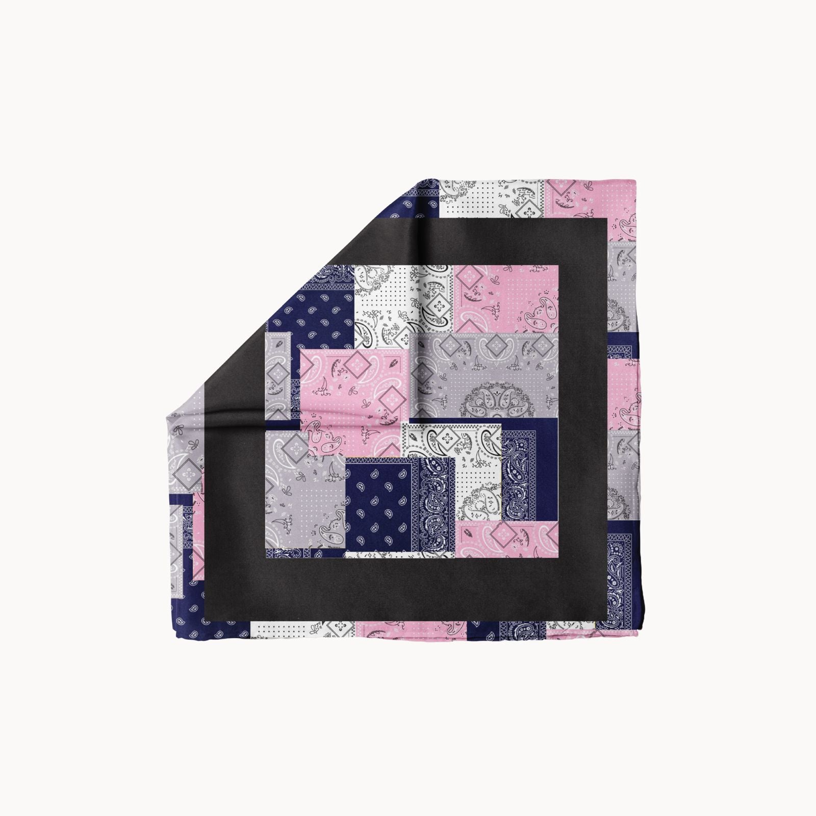 Patchwork Poise headscarf with navy, pink, white, and grey paisley bandana squares bordered by bold black frame, modern unisex fashion accessory