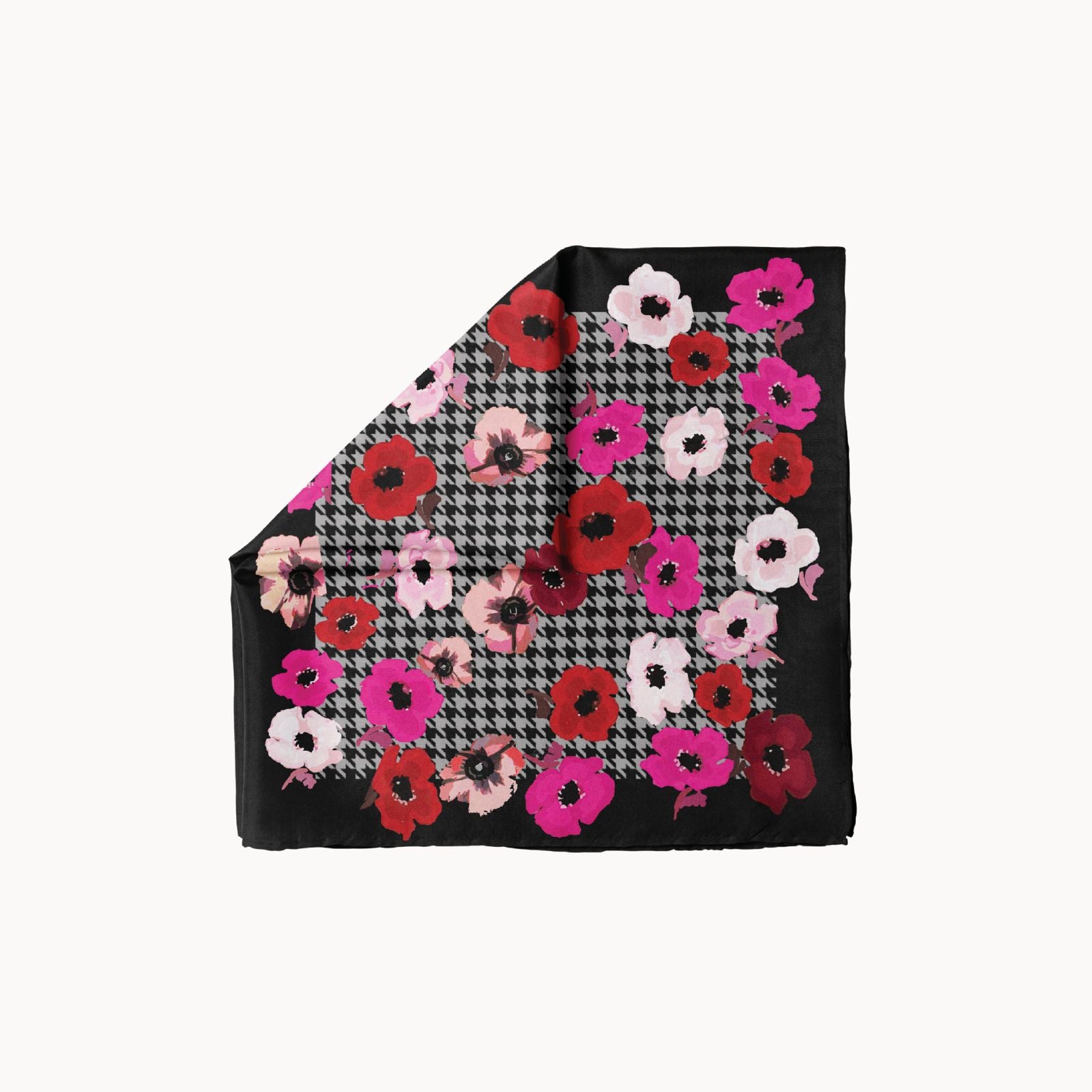 Rose Rêverie floral headscarf with red, pink, and white poppies on black and houndstooth background, stylish women's fashion accessory
