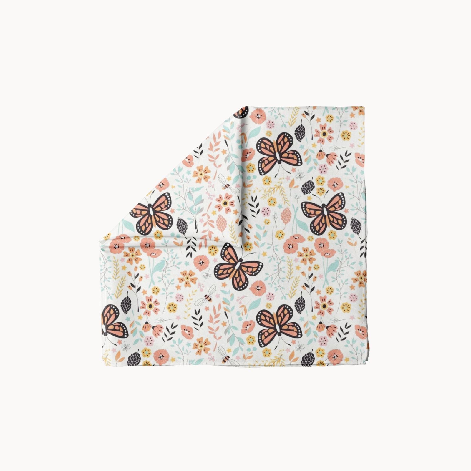 Winged Whispers fabric pattern with hand-drawn butterflies, peach flowers, and leafy foliage on a white background, whimsical nature-inspired textile design”