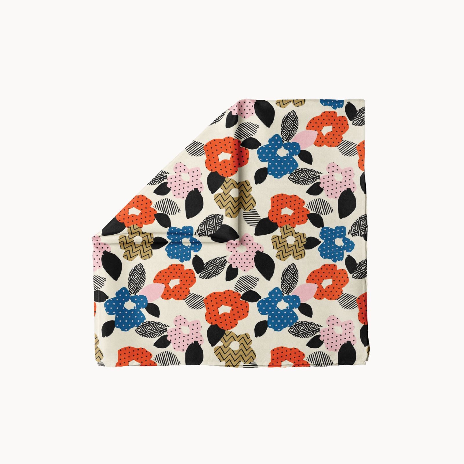 Wildflower Waltz headscarf with abstract floral print in red, blue, mustard, and blush tones on ivory background, modern women's fashion accessory