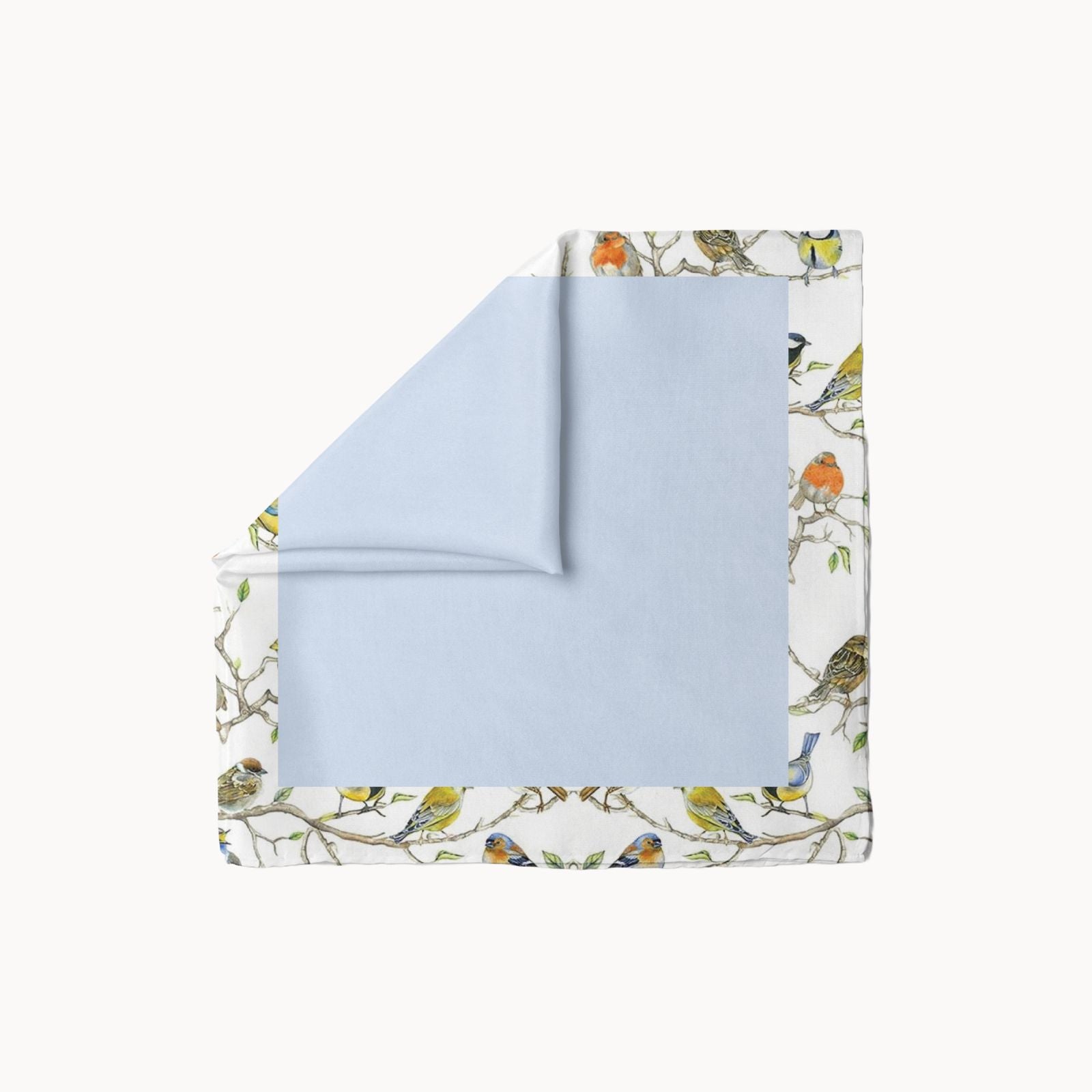 Aviary Bliss headscarf with soft blue center and border of colorful songbirds on branches, elegant spring accessory for nature-inspired fashion