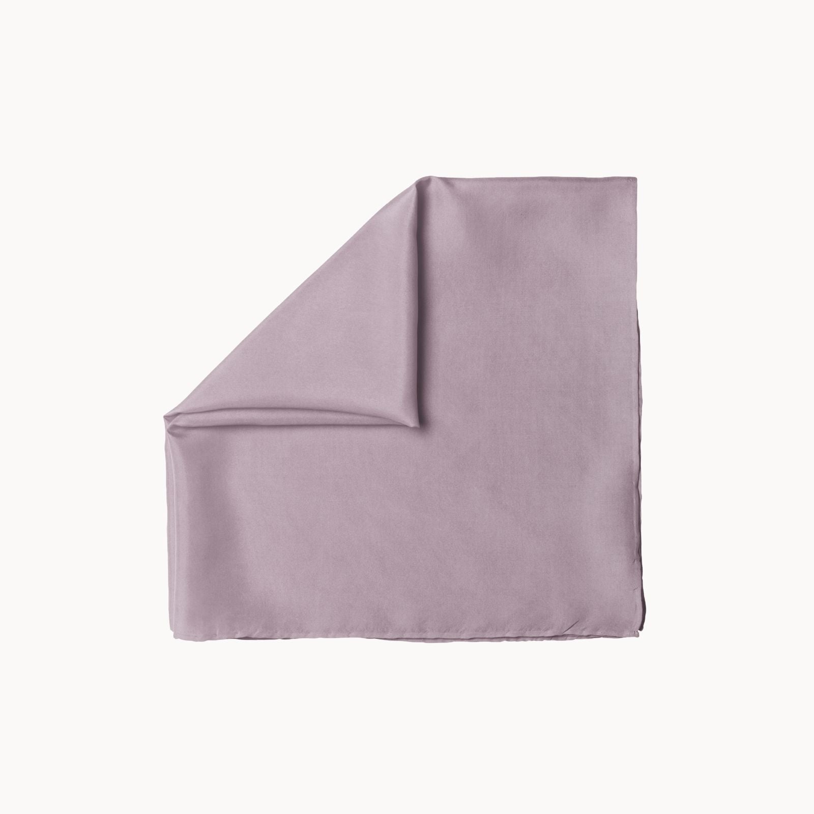 Folded square silk headscarf in a soft purple sky lavender hue, showcasing a smooth, airy texture with a light reflective sheen, arranged neatly on a white background.