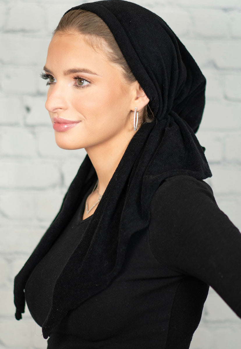 Black Terry Pre Tie Adjustable Head Scarf